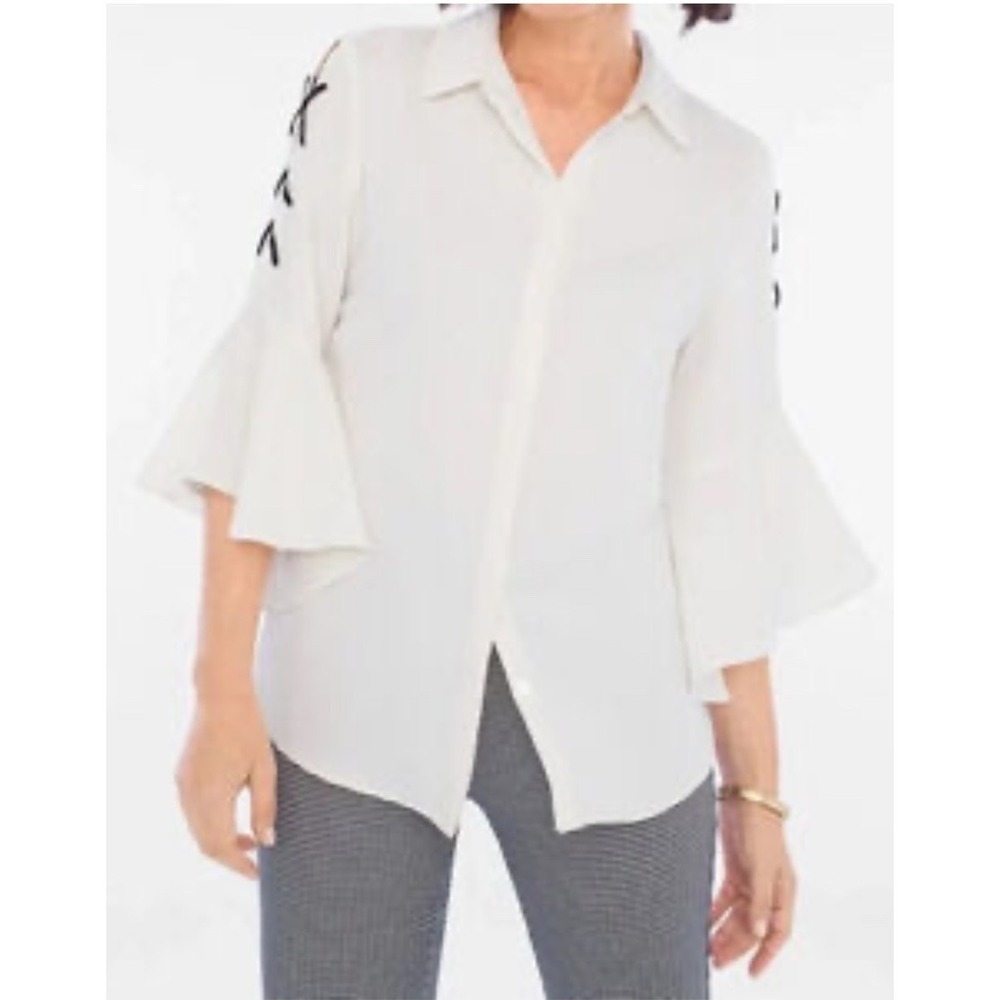 Chicos Black Label Ivory Bell Sleeve Lace Up Cold Shoulder Shirt Size 1/Medium